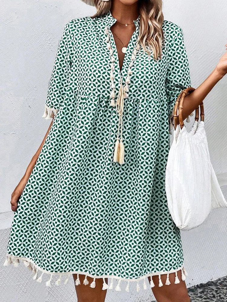 Women's Printed V-neck Tassel Half-length Sleeve Dress