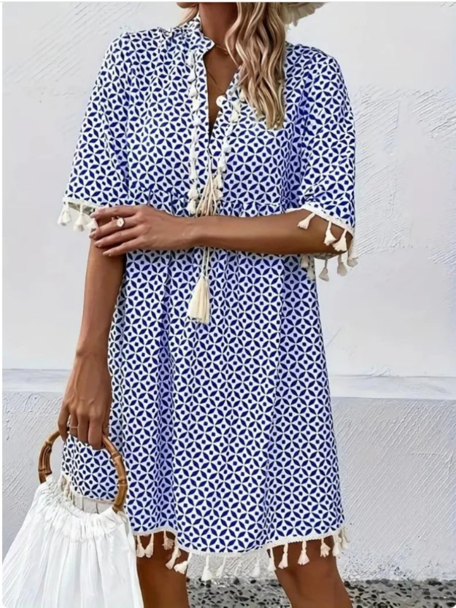 Women's Printed V-neck Tassel Half-length Sleeve Dress
