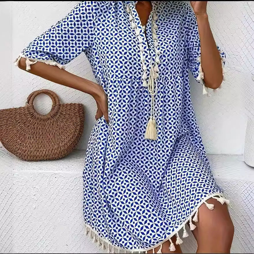 Women's Printed V-neck Tassel Half-length Sleeve Dress