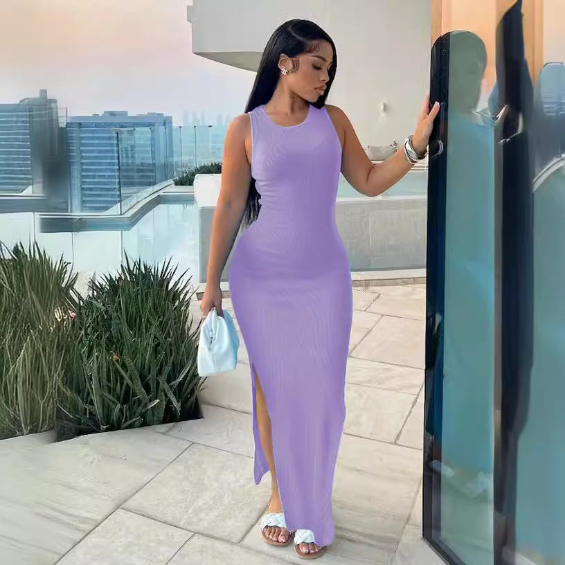 Commute Style Sleeveless Round-neck High Waist Dress