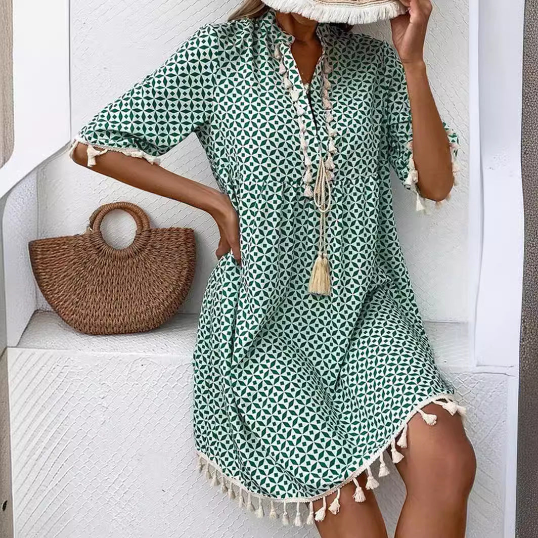 Women's Printed V-neck Tassel Half-length Sleeve Dress