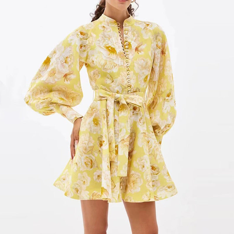 Belt Lantern Sleeve Holiday Swing Dress