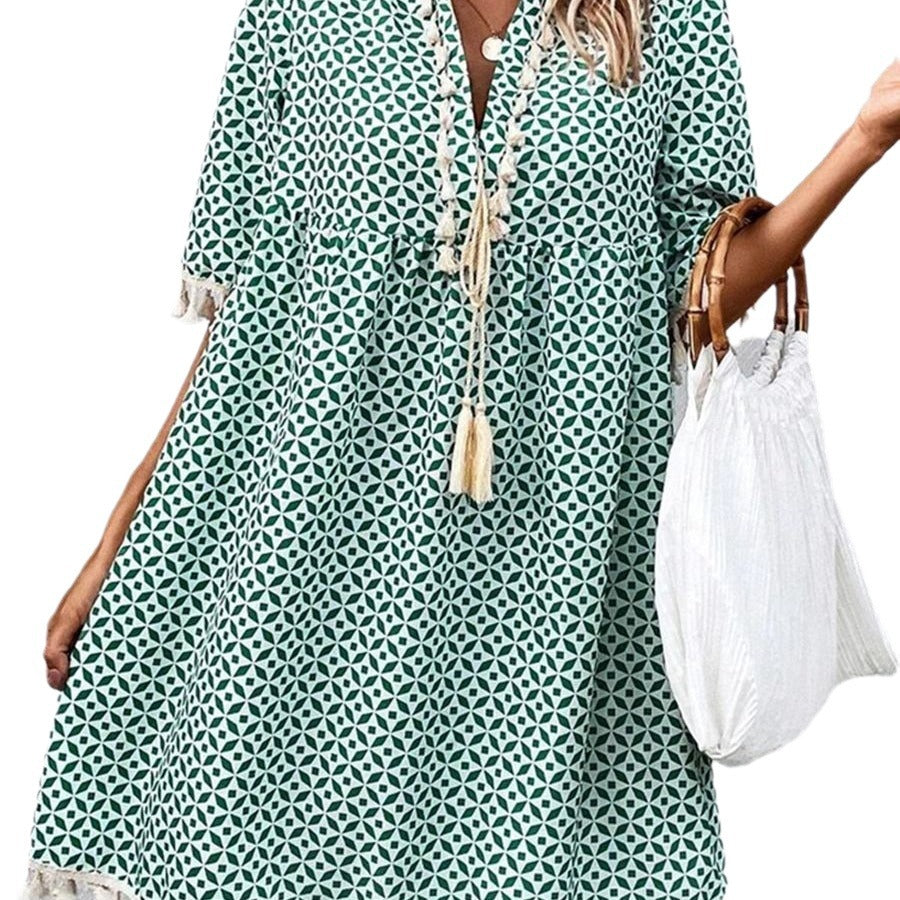 Women's Printed V-neck Tassel Half-length Sleeve Dress