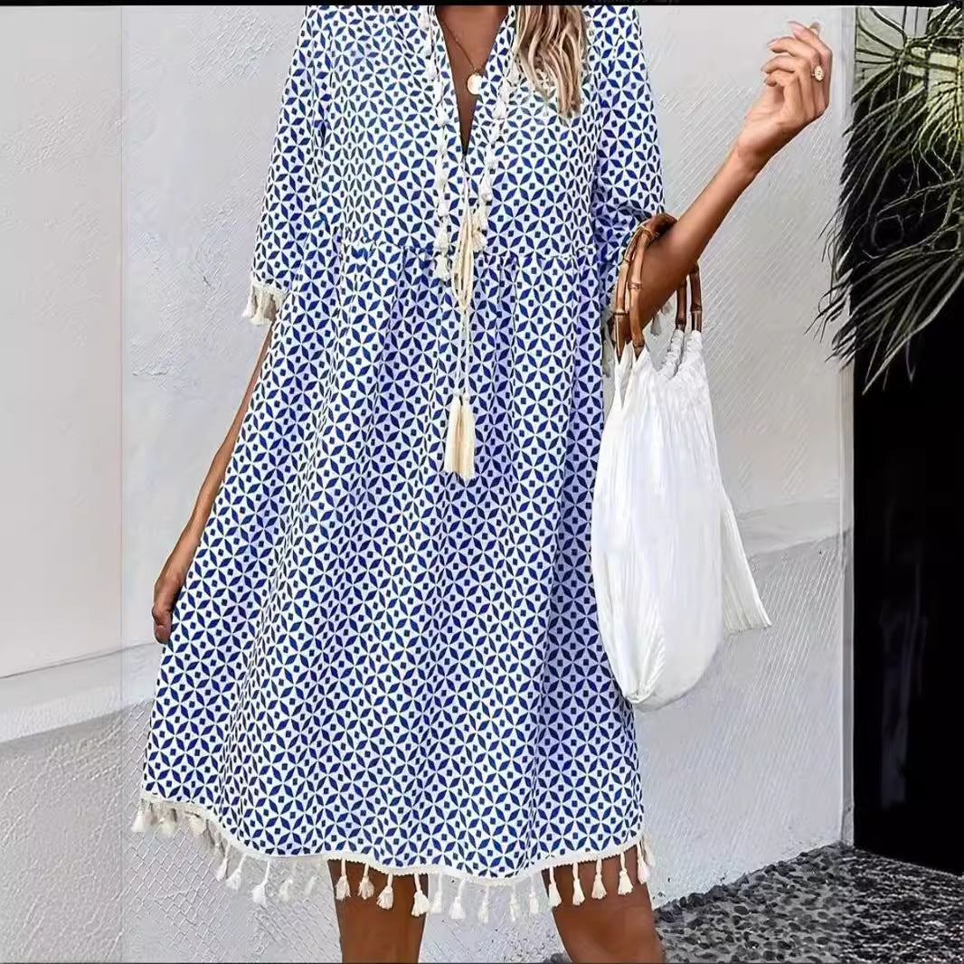 Women's Printed V-neck Tassel Half-length Sleeve Dress