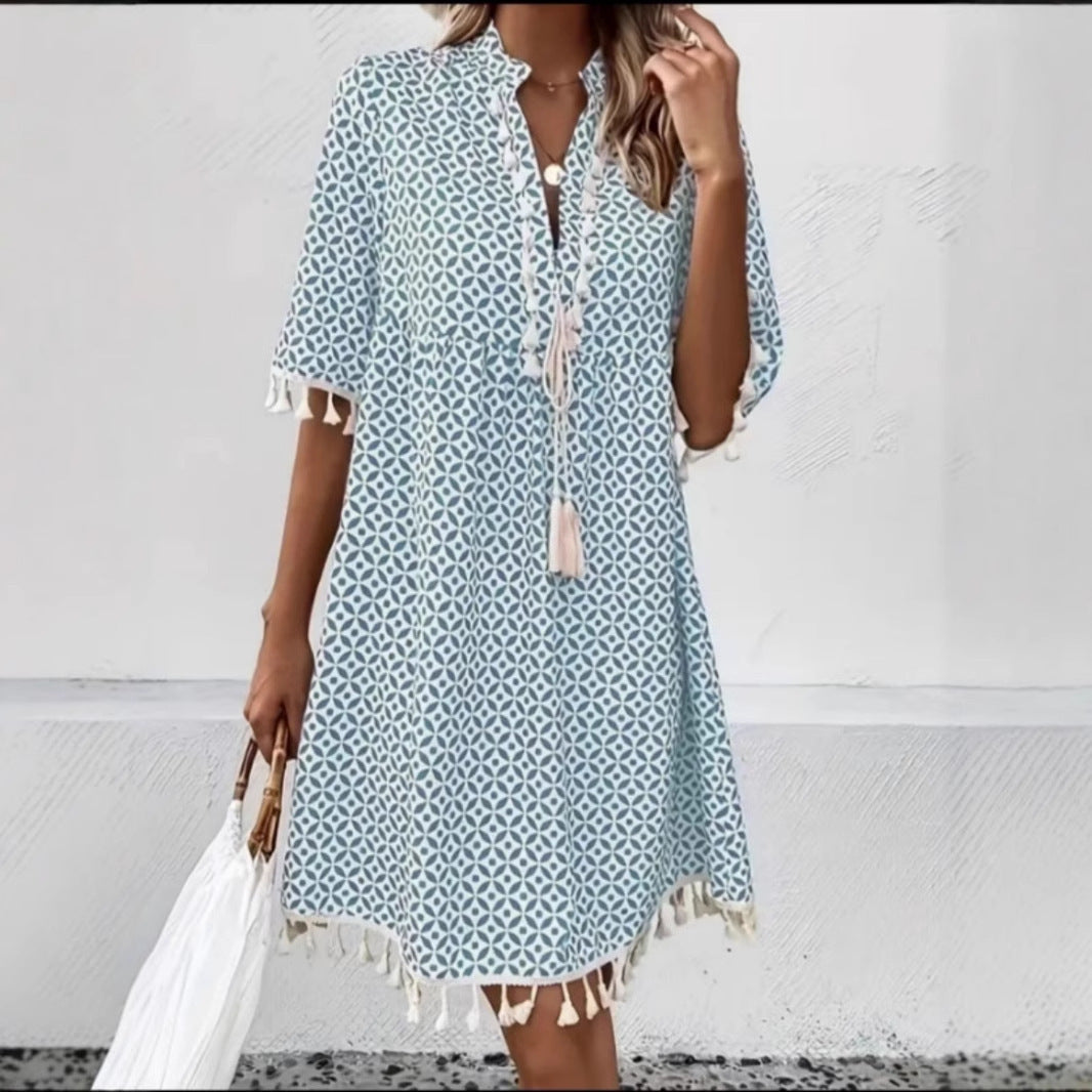 Women's Printed V-neck Tassel Half-length Sleeve Dress