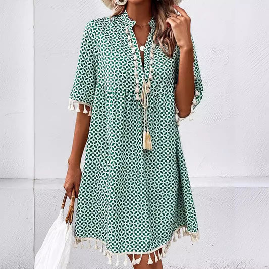 Women's Printed V-neck Tassel Half-length Sleeve Dress